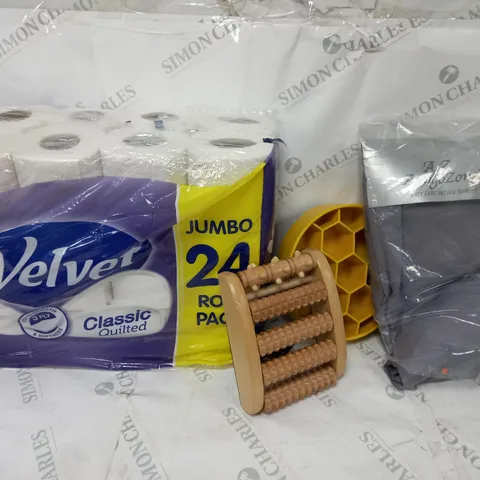 APPROXIMATELY 15 ITEMS TO INCLUDE 24 PACK VELVET TOILET ROLL, AMIGO ZONE BED SHEET, FOOT MASSAGER, ETC