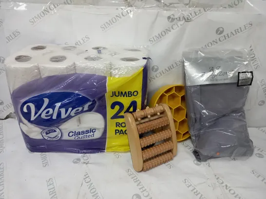 APPROXIMATELY 15 ITEMS TO INCLUDE 24 PACK VELVET TOILET ROLL, AMIGO ZONE BED SHEET, FOOT MASSAGER, ETC