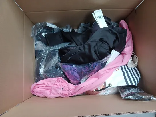 BOX OF ASSORTED CLOTHING ITEMS IN VARIOUS COLOURS, SIZES AND STYLES