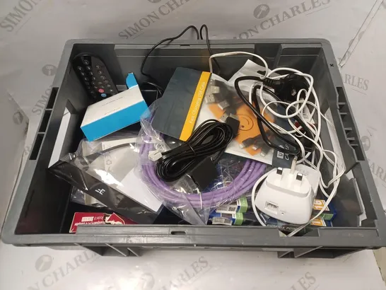 BOX OF ASSORTED ELECTRICALS & ELECTRICAL CABLES OF VARIOUS TYPES TO INCLUDE ADSL CABLE, SKY Q REMOTES, PHOENIX POINT BEHEMOTH EDITION (PS4), ETC