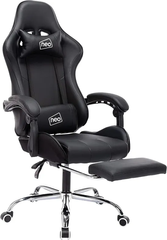BOXED NEO SWIVEL LEATHER GAMING CHAIR WITH FOOTREST - BLACK (1 BOX)