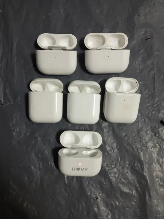 LOT OF 6 ASSORTED EMPTY APPLE AIRPODS CHARGING CASES TO INCLUDE A1602 1ST GEN, A2566 3RD GEN AND A2190 PRO IN WHITE