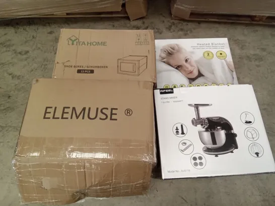 PALLET OF ASSORTED ITEMS INCLUDING ELEMUSE MATTRESS TOPPER, AIFEEL STAND MIXER, HEATED BLANKET, LYITA HOME SHOE BOXES, PORTABLE WARDROBE, MONHOUSE HEATED THROW