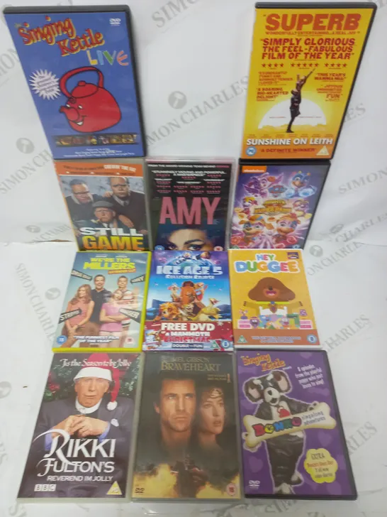 LOT OF APPROXIMATELY 11 ASSORTED DVDs TO INCLUDE AMY, ICE AGE 5 COLLISION COURSE, BRAVE HEART