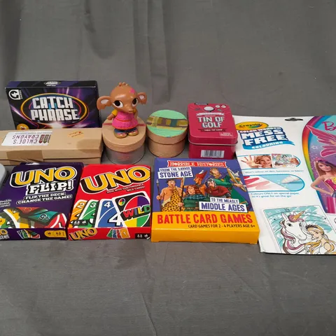 BOX OF ASSORTED TOYS AND GAMES TO INCLUDE UNO, CARD GAMES AND ACTIVITY PACKS