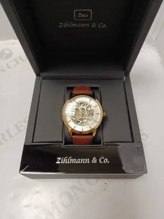 ZIHLMANN & CO GOLD EFFECT SKELETON BROWN LEATHER STRAP WRISTWATCH