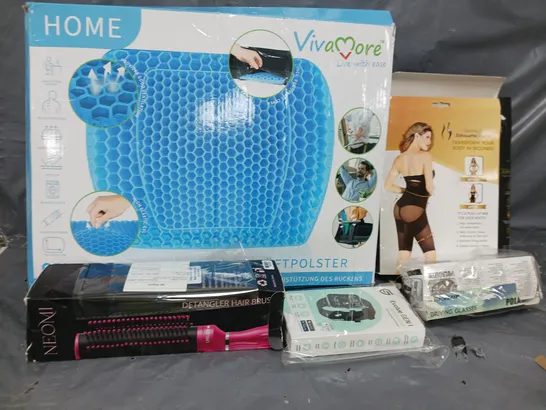 LARGE BOX OF ASSORTED HOUSEHOLD ITEMS TOO INCLUDE HAIR BRUSHES , WAIST CUSHIONS , DRIVING GLASSES , ETC 