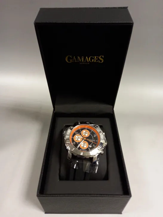 BOXED GAMAGES INNOVATOR STEEL BLACK DIAL WATCH 