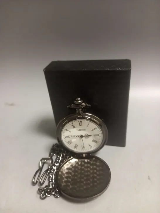 BOXED EDISON CHAIN POCKET WATCH IN BLACK METAL