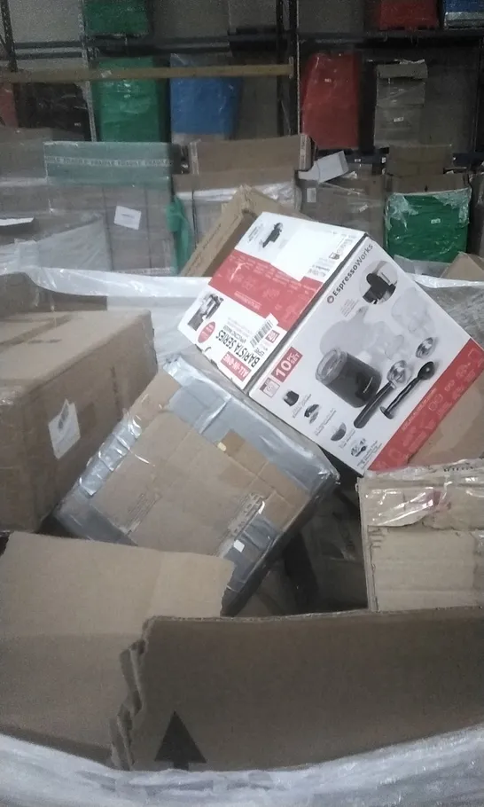 PALLET OF ASSORTED BOXED ITEMS INCLUDING BARISTA SERIES ESPRESSO MAKER , HUMIDIFYING BLADELESS FAN, TOILET SEAT AND FORIOUS KITCHEN TAP 