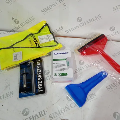 ALPHABET EMERGENCY SAFETY KIT INCLUDING HIGH VIS VEST, FIRST AID KIT AND SCRAPERS