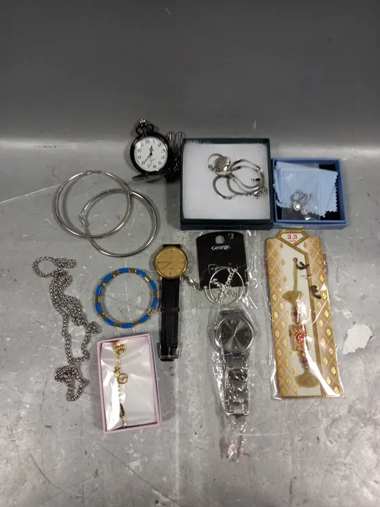 APPROXIMATELY 20 ASSORTED JEWELLERY PRODUCTS TO INCLUDE POCKET WATCH, BRACELETS, EARRINGS ETC 