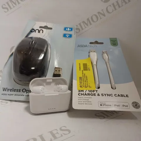 BOX OF APPROXIMATELY 60 ASSORTED ELECTRICALS TO INCLUDE ONN WIRELESS OPTICAL MOUSE, 10FT CHARGE & SYNCE CABLE, JVC TRUE WIRELESS EARBUDS IN WHITE, ETC