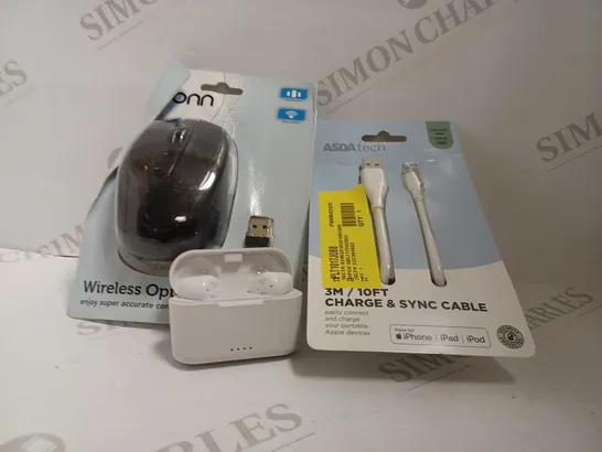 BOX OF APPROXIMATELY 60 ASSORTED ELECTRICALS TO INCLUDE ONN WIRELESS OPTICAL MOUSE, 10FT CHARGE & SYNCE CABLE, JVC TRUE WIRELESS EARBUDS IN WHITE, ETC