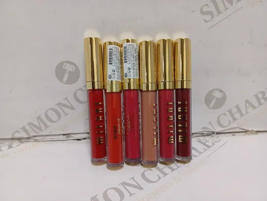 6 MILANI STAY PUT LIQUID LIP LONGWEAR LIPSTICK TO INCLUDE 170 UNHINGED, 200 THAT GIRL, 220 GO OFF SHADES   