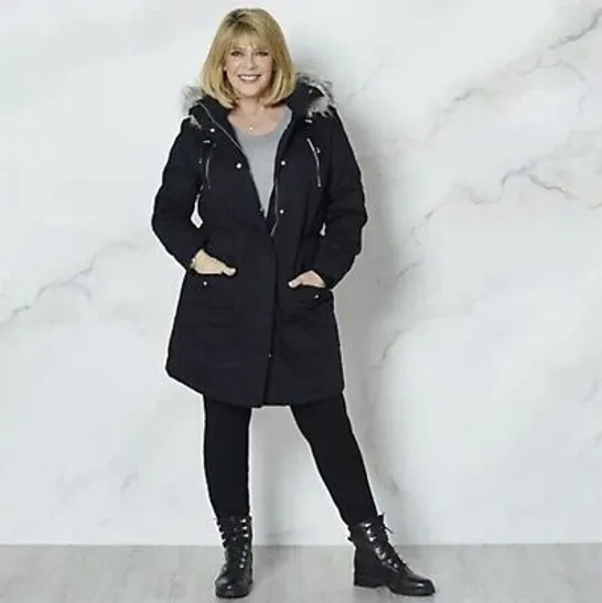 RUTH LANGSFORD FUR TRIMMED HOOD PADDED JACKET IN BLACK SIZE L