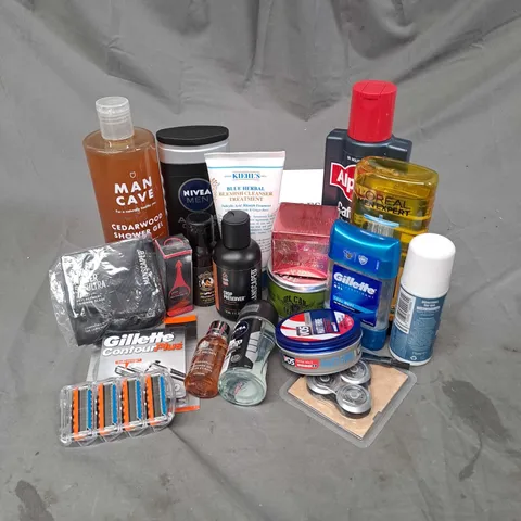 APPROXIMATELY 15 ASSORTED COSMETIC PRODUCTS TO INCLUDE MAN CAVE SHOWER GEL, MANSCAPED CROP PRESERVER, GILLETTE ANTIPERSPERANT GEL ETC