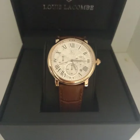 MENS LOUIS LACOMBE CHRONOGRAPH WATCH – MULTI FUNCTION DIAL WITH DATE – ROMAN NUMERAL DIAL – LEATHER STRAP – GIFT BOX – EST £420