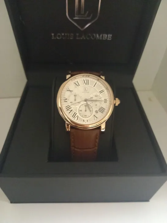 MENS LOUIS LACOMBE CHRONOGRAPH WATCH – MULTI FUNCTION DIAL WITH DATE – ROMAN NUMERAL DIAL – LEATHER STRAP – GIFT BOX – EST £420