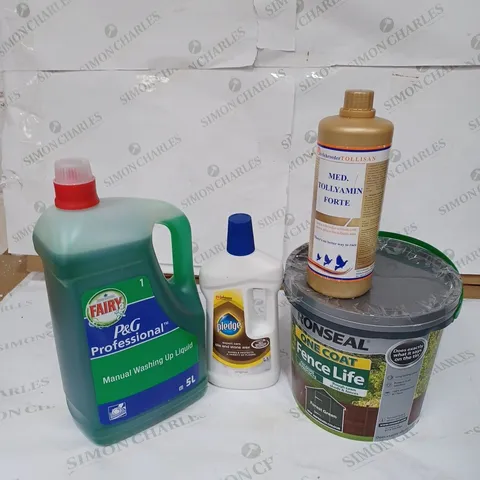 LOT OF 4 ITEMS TO INCLUDE RONSEAL ONE COAT FENCE LIFE 5L, FAIRY P&G PROFESSIONAL WASHING UP LIQUID, PLEDGE TILE AND STONE WAX - 750ML, MED. TOLLYAMIN FORTE COMPLEMENTARY FEED FOR PIGEONS - 1L