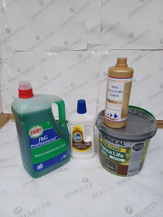 LOT OF 4 ITEMS TO INCLUDE RONSEAL ONE COAT FENCE LIFE 5L, FAIRY P&G PROFESSIONAL WASHING UP LIQUID, PLEDGE TILE AND STONE WAX - 750ML, MED. TOLLYAMIN FORTE COMPLEMENTARY FEED FOR PIGEONS - 1L