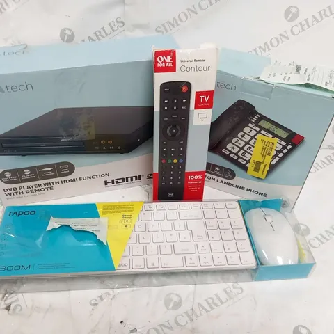 QUANTITY OF ASSORTED ELECTRICALS TO INCLUDE; DVD PLAYER WITH HDMI FUNCTION, RAPOO KEYBOARD AND MOUSE AND ONE FOR ALL REMOTE