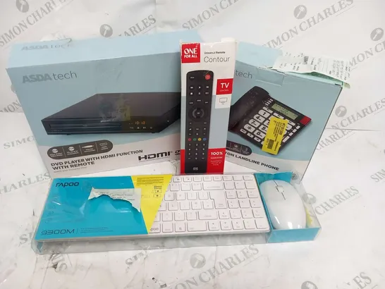 QUANTITY OF ASSORTED ELECTRICALS TO INCLUDE; DVD PLAYER WITH HDMI FUNCTION, RAPOO KEYBOARD AND MOUSE AND ONE FOR ALL REMOTE