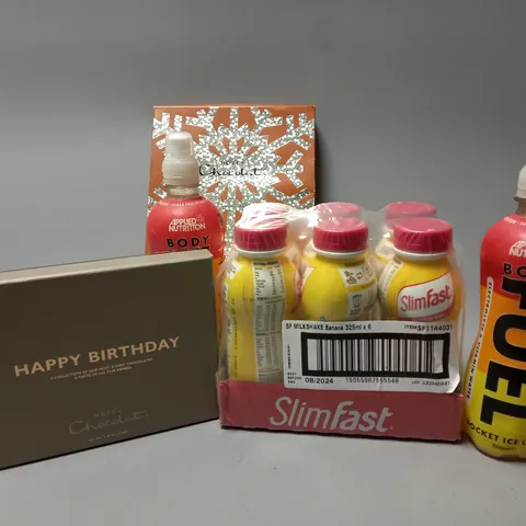 APPROXIMATELY 5 ASSORTED FOOD & DRINK ITEMS TO INCLUDE SLIMFAST MILKSHAKES (325ml x 6), APPLIED NUTRITION ROCKET ICE LOLLY (500ml), HOTEL CHOCOLAT HAPPY BIRTHDAY BOX, ETC