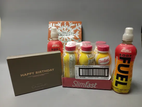 APPROXIMATELY 5 ASSORTED FOOD & DRINK ITEMS TO INCLUDE SLIMFAST MILKSHAKES (325ml x 6), APPLIED NUTRITION ROCKET ICE LOLLY (500ml), HOTEL CHOCOLAT HAPPY BIRTHDAY BOX, ETC