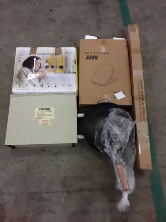 PALLET OF ASSORTED PRODUCTS INCLUDING HEATED THROW, SWIMMING POOL & SPA HEATER, TOILET SEAT, SPRING LOADED ROD, WOK