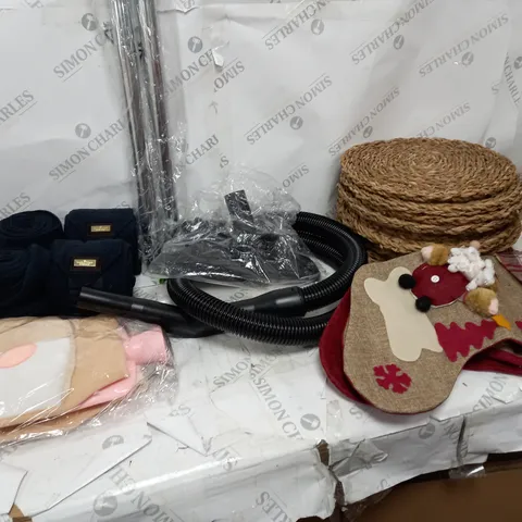 LOT OF HOUSEHOLD ITEMS TO INCLUDE HOT WATER BOTTLE, CHRISTMAS STOCKINGS. ETC