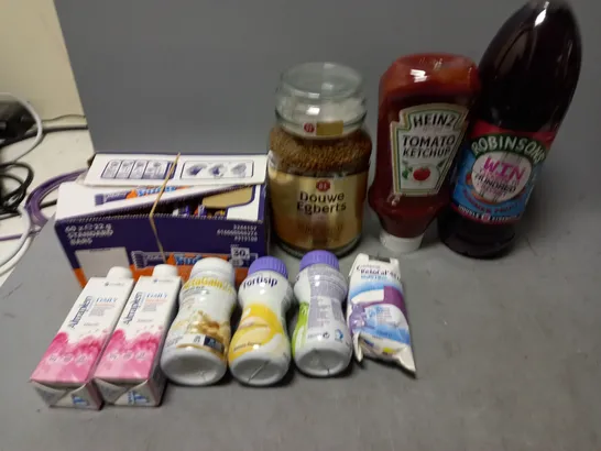 LOT OF APPROXMATELY 6 ITEMS TO INCLUDE  - CADBURY FUDGES, DOUWE EGBERT PURE GOLD, AND HEINZ KETCHUP ETC. 