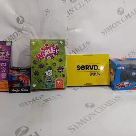 BOX OF APPROX 25 ASSORTED TOYS TO INCLUDE - SERVD COUPLES - WIRUS - MAGIC CUBE ECT