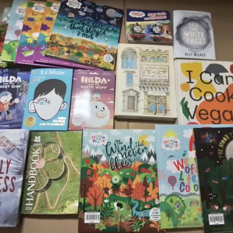 LARGE QUANTITY OF ASSORTED BOOKS TO INCLUDE RICE'S LANGUAGE OF BUILDINGS, VALERIE PERRIN FRESH WATER FOR FLOWERS and various kids books 