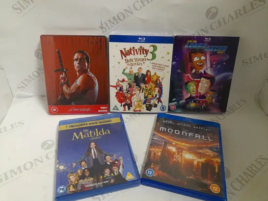 BOX OF APPROX 20 DVD/BLU-RAYS TO INCLUDE MATILDA THE MUSICAL, NATIVITY 3 AND MOONFALL