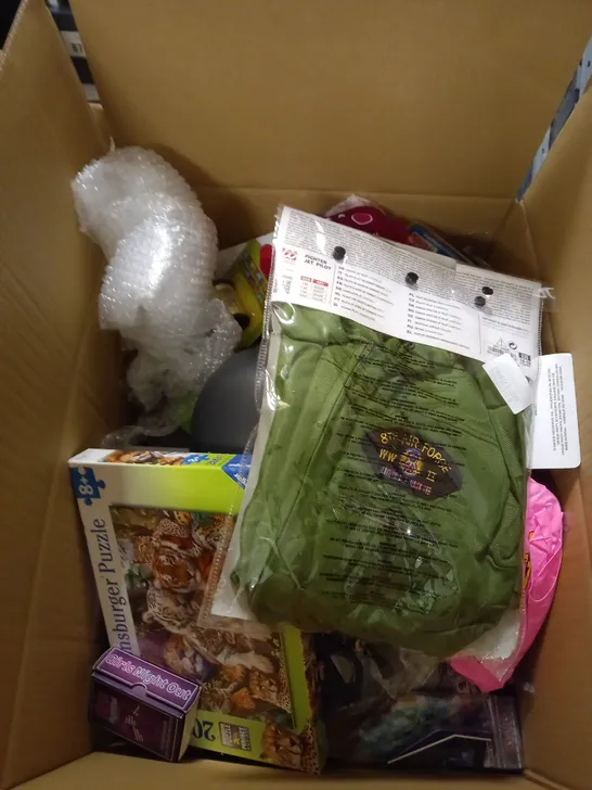 LARGE BOX OF ASSORTED TOYS AND GAMES TO INCLUDE TEDDIES, TOYS AND DRESSING UP COSTUMES