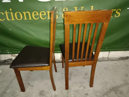 PAIR OF WOODEN SLAT BACK DINING CHAIRS WITH BLACK FAUX LEATHER SEAT PADS 