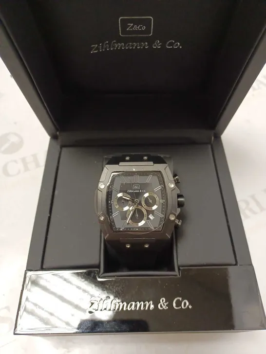 ZIHLMANN & CO BLACK TRIPLE DIAL STUD RUBBER STRAP WATCH