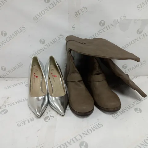 4 BOXED PAIRS OF SHOES TO INCLUDE JUSTFAB BRYARA GREY KNEE HIGH BOOTS SIZE 8, SPRIER SILVER HEELED SANDALS SIZE 37