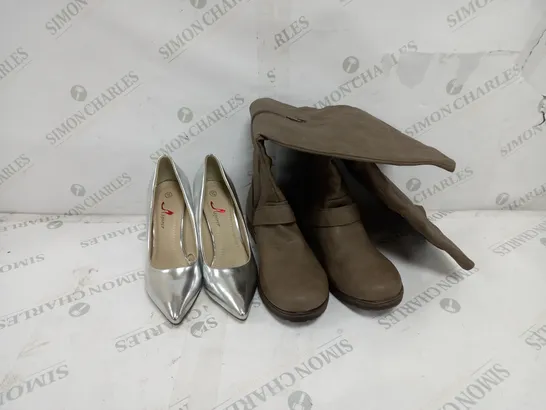 4 BOXED PAIRS OF SHOES TO INCLUDE JUSTFAB BRYARA GREY KNEE HIGH BOOTS SIZE 8, SPRIER SILVER HEELED SANDALS SIZE 37