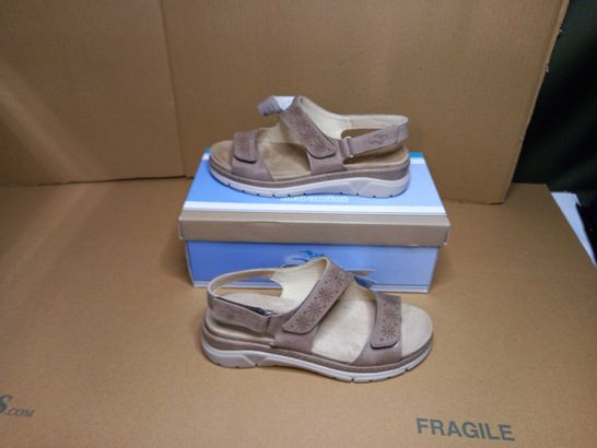 BOXED PAIR OF FLY FLOT TAUPE WALKING SANDALS - SIZE 5