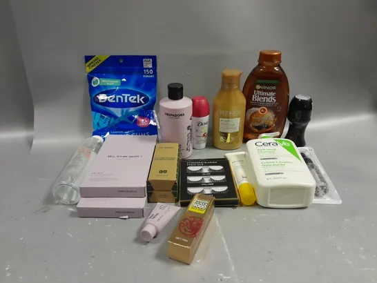 BOX OF APPROXIMATELY 15 COSMETIC ITEMS TO INCLUDE REDKEN CONDITIONER, CERAVE CLEANSER, GARNIER SHAMPOO , ETC