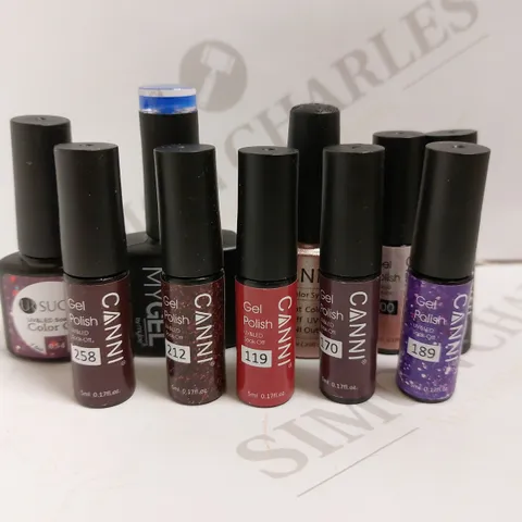 BOX OF APPROX 10 MANICURE ITEMS TO INCLUDE CANNI GEL POLISH, UR SUGAR COLOUR GEL, MYLEE MYGEL COLOUR