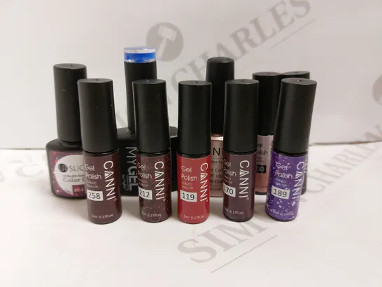 BOX OF APPROX 10 MANICURE ITEMS TO INCLUDE CANNI GEL POLISH, UR SUGAR COLOUR GEL, MYLEE MYGEL COLOUR