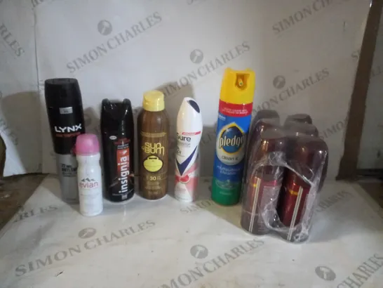 BOX OF APPROX 10 ASSORTED AEROSOLS INCLUDING EVIAN FACIAL SPRAY, INSIGNIA FOR MEN DEODORANT AND SUNBUM SUNSCREEN SPRAY - COLLECTION ONLY