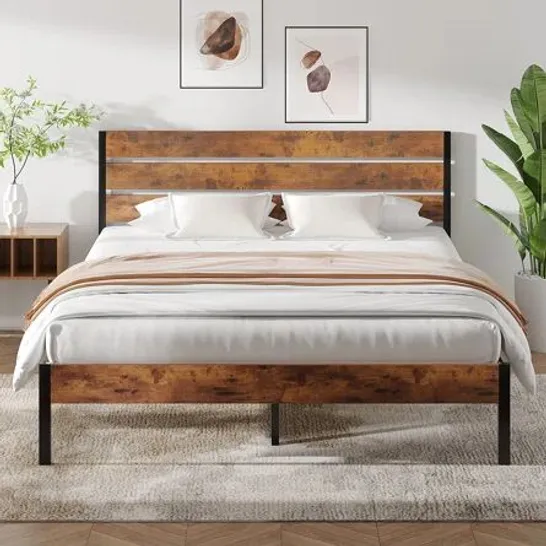 BOXED BED FRAME WITH WOODEN HEADBOARD & FOOTBOARD - RUSTIC BROWN