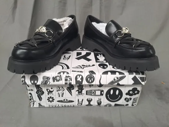 BOXED PAIR OF KOI VEGAN SILENT DUSK OWL PENTAGRAM LOAFERS IN BLACK UK SIZE 8