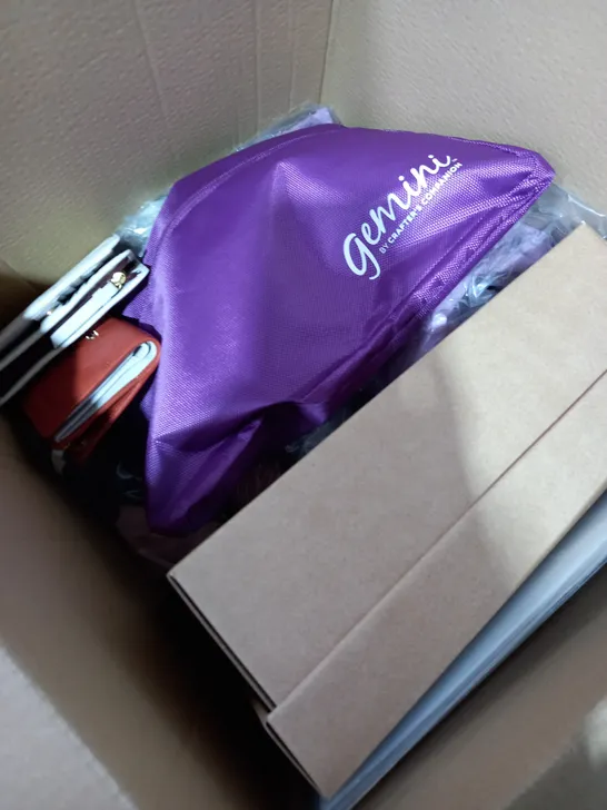 BOX OF APPROXIMATELY 10 ASSORTED ITEMS TO INCLUDE PURSE, CLOTHING, SANDALS ETC