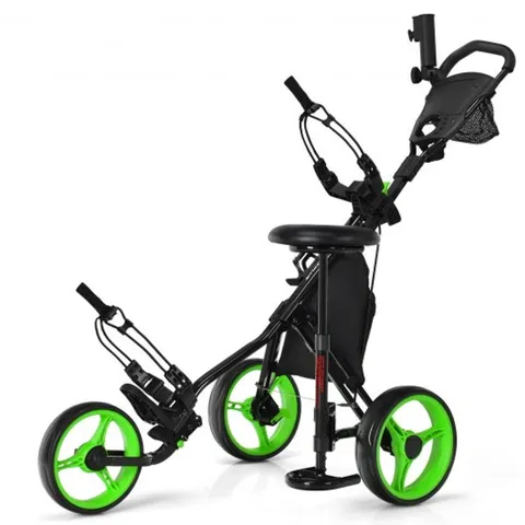 BOXED GOLF 3-WHEEL PUSH PULL CART WITH STORAGE BAG AND FOOT BRAKE - GREEN