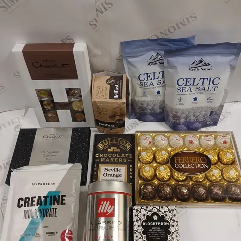 10 X ASSORTED FOOD & DRINK PRODUCTS TO INCLUDE CELTIC SEA SALT, MY PROTEIN CREATINE MONOHYDRATE, BULLION SEVILLE ORANGE CHOCOLATE ETC 